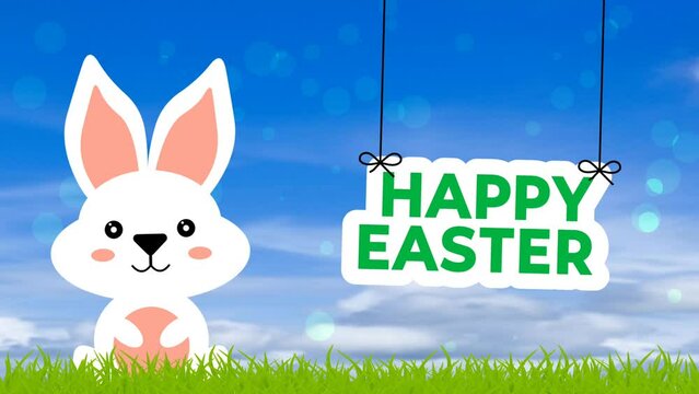 Swinging and colour changing Easter wish on blur background with animated cute bunny cartoon