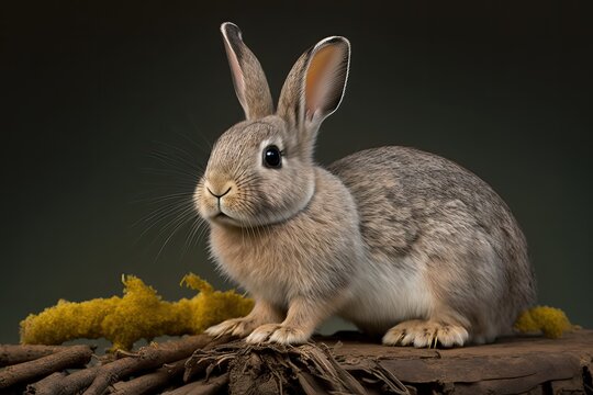Young European rabbit looking at the camera and facing it, Oryctolagus cuniculus. Generative AI