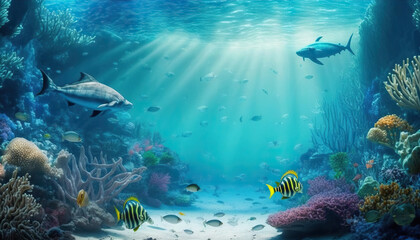 Fototapeta na wymiar Underwater world of beautiful coral reef and colorful fish. Based on Generative AI