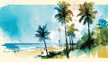 tropical palms at the sea beach watercolours Generative AI, Generativ, KI