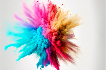 Fototapeta na wymiar Explosion of colored powder isolated on white background, freeze motion of colored powder explosion, generative ai