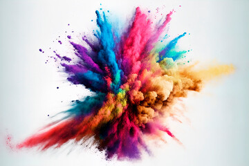Explosion of colored powder isolated on white background, freeze motion of colored powder explosion, generative ai