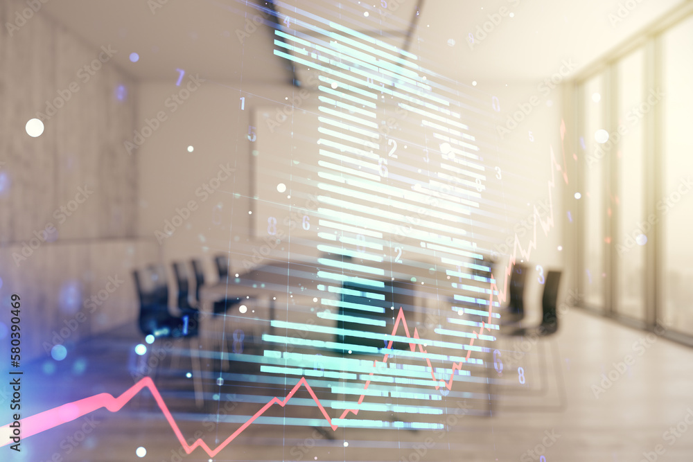 Poster double exposure of creative bitcoin symbol hologram on a modern boardroom background. mining and blo