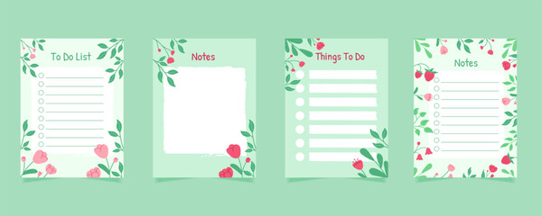 Set of green floral to do list and note papers in hanad drown style. Template for agenda, schedule, planners, checklists, notebooks, cards and other stationery.