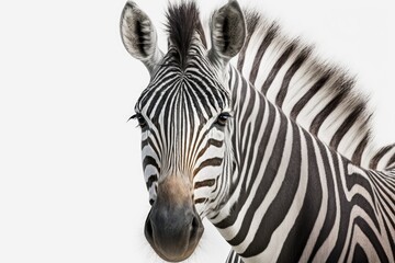 Zebra close up portrait. Zebra standing alone against a white background. Generative AI