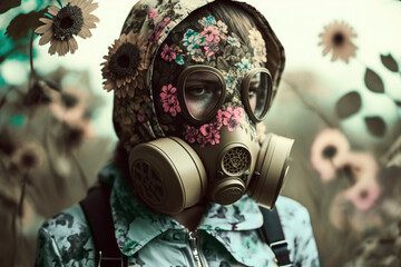 Young girl allergic to pollen with an anti-gas mask in a pink  flower field. Seasonal allergy and asthma concept. Illustration. Generative AI - obrazy, fototapety, plakaty