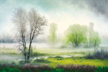 Obraz na płótnie Canvas Soft Pastel Spring Landscape With Meadow And Forest, Soft Pastel Spring Background With Fresh, Wooded Landscape Of Meadow And Forest With Trees In Mist, Smoke And Spring Dew, Generative Ai