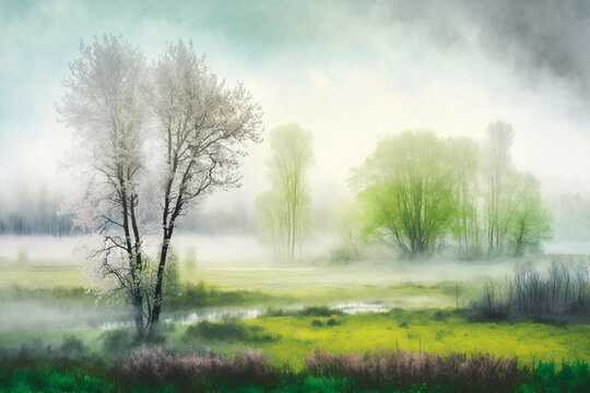 Soft Pastel Spring Landscape With Meadow And Forest, Soft Pastel Spring Background With Fresh, Wooded Landscape Of Meadow And Forest With Trees In Mist, Smoke And Spring Dew, Generative Ai