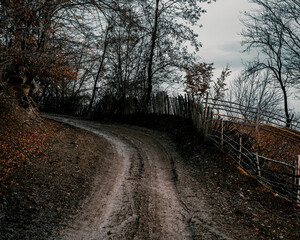 Sinuos Muddy Mountain Dirt Road in early spring with autumn landscape