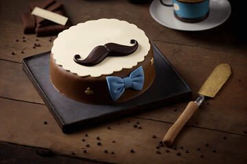Cake with moustache garnished for Father's Day celebration. AI generative.