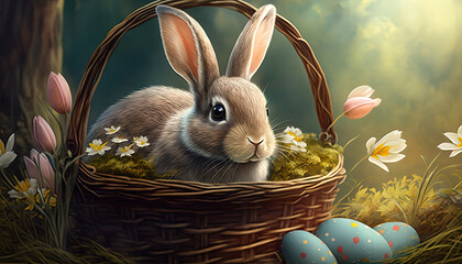 Cute easter bunny in a basket in the forest with tulips and flowers. ai generative illustration
