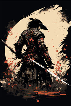 Japanese samurai warrior. Mighty ninja with swords. Cool poster of asian fighter with katana. Traditional hand drawn painting of fantasy martial ronin. Vector art tattoo. Cartoon style demon fighter.
