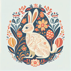 Obraz premium Easter bunny, easter eggs and flowers isolated on white folk background, happy easter concept. Generative AI