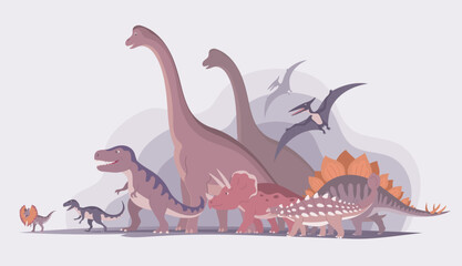 Group of dinosaurs. T rex, brachiosaurus, pteranodon, stegosaurus and triceratops. Jurassic period. Children toys, attraction and entertainment park. Cartoon vector illustration © Mikhail