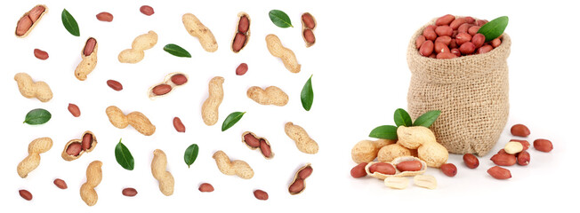 Peanuts with shells isolated on white background, top view. Flat lay pattern
