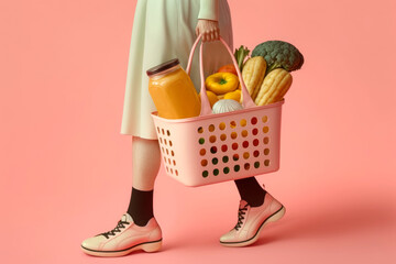 Creative pastel supermarket shopping concept, woman holds a basket full with groceries for her family. Economy and household savings. Generative AI.
