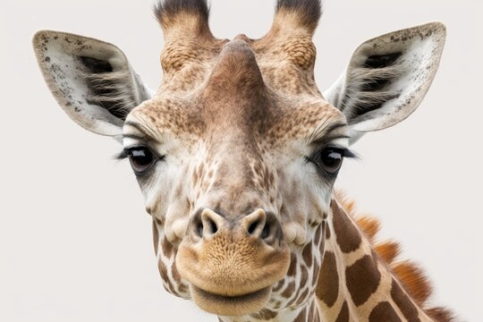 Close up picture of a giraffe's face on a white background. Generative AI