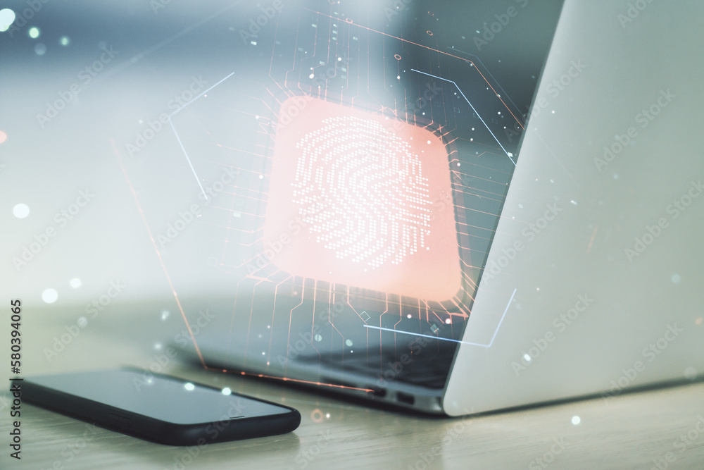 Aufkleber Multi exposure of abstract fingerprint scan interface on computer background, digital access concept