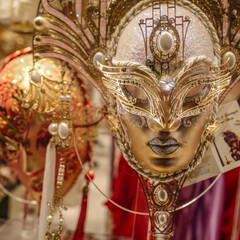 Venice, Italy - 14 Nov, 2022: Ornate Venetian Carnival Masks on sale in a tourist shop in Venice