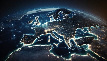 Obraz na płótnie Canvas Sunrise on planet Earth viewed from space with city lights in Europe showing connections between European countries. Elements from NASA. Technology, global communication, world, energy, electricity