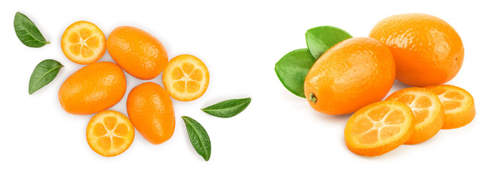 Cumquat or kumquat with half isolated on white background. Top view. Flat lay