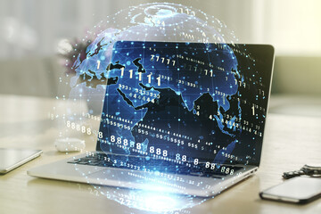 Multi exposure of abstract graphic coding sketch with world map on modern computer background, big data and networking concept
