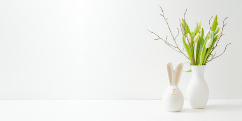 White spring tulips in a vase, easter bunny on a white table. Mock up for displaying works
