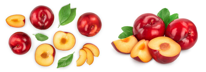 fresh red plum and half isolated on white background. Top view. Flat lay. Set or collection