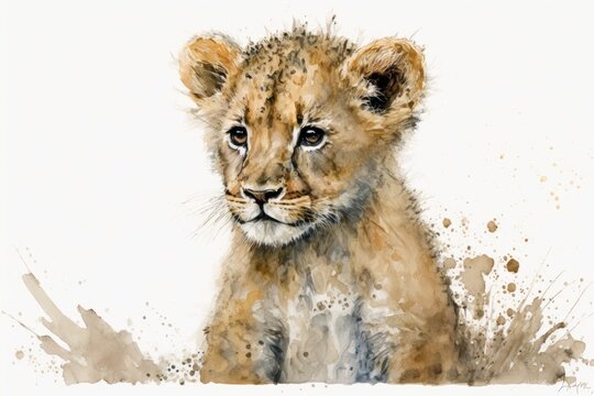 Watercolor painting of a baby lion on a white background that stands alone. Generative AI
