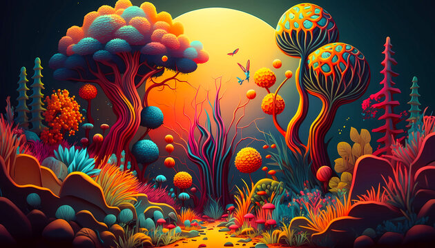 illustration of a psychedelic faity tale magic garden, created with generative ai