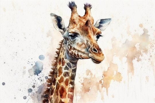 Watercolor look on a cute giraffe. Generative AI