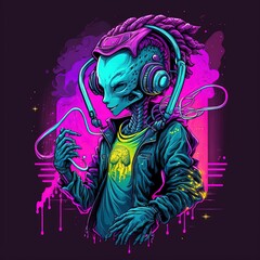 Illustration of alien dj with music console and headphones. Generative AI