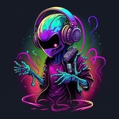 Illustration of alien dj with music console and headphones. Generative AI