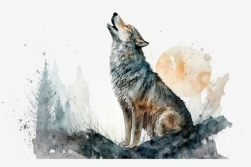 Watercolor drawing of a wolf howling. Grey wolf, coyot howl, hand drawn picture of an animal. Animals that hunt in the forest. Single wolf howl. A gray, hairy coyot is sitting. Generative AI - obrazy, fototapety, plakaty