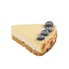 A piece of cheesecake decorated with blackberries isolated on white background. Side view. 
