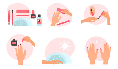 Steps of manicure and nail polish flat icons set vector illustration. Female hands using nail file and cuticle remover, painting fingernails, drying under UV lamp in salon or home - obrazy, fototapety, plakaty