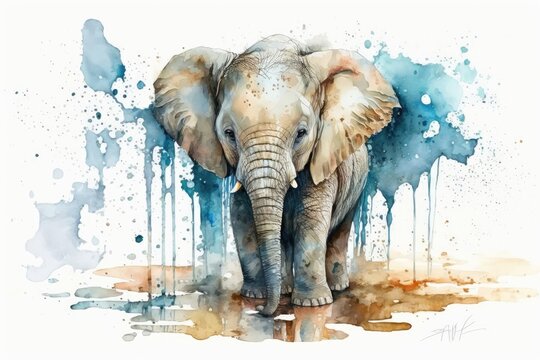 Watercolors were used to draw a cute baby elephant for a beautiful animal portrait. Stock illustration. Generative AI