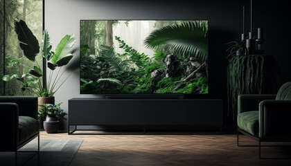 AI Generative Illustration of a Creative Photo of a sleek and modern TV set, set against the backdrop of a luxurious living room design