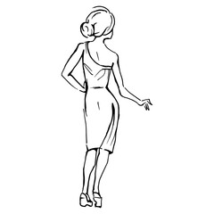 Silhouette of a female figure in an evening dress, rear view. Line drawing, line art. Vector illustration.