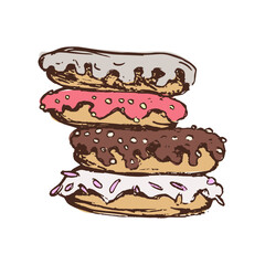 Multi-colored donuts lie on top of each other. Line drawing, line art. Vector illustration.