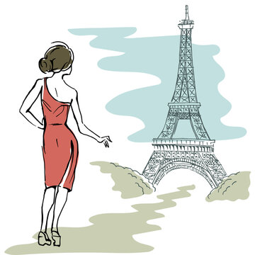 A girl in a red dress on the background of the Eiyel tower. Line drawing, line art. Vector illustration.