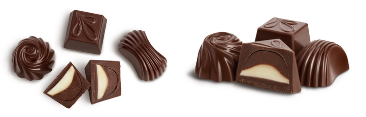 Chocolate candy isolated on white background with full depth of field. Top view. Flat lay.