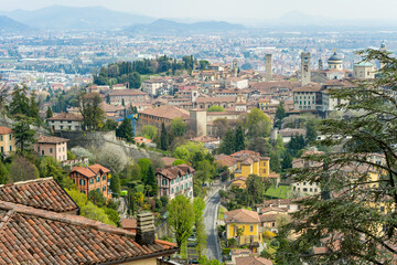 Scenic view of Bergamo city northeast of Milan. Citta Alta, town's upper district, known by cobblestone streets and encircled by Venetian walls. Bergamo, Italy.