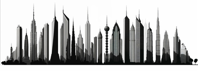 Fototapeta na wymiar Skyline of skyscrapers drawn on a white background. Panoramic view. Generative AI