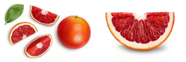 Blood red oranges with slices isolated on white background . Top view. Flat lay