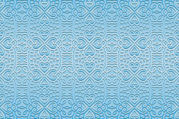 Embossed ethnic decorative blue background, cover design. Geometric openwork 3D pattern, press paper, leather. Motives of the East, Asia, India, Mexico, Aztecs, Peru. Dudling, boho, art deco.