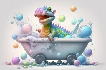 Baby Dinosaur In Bathtub, Abstract Pastel Concept Of A Small Baby Dinosaur, A Reptile Lying In A Bathtub, A Soap And Soap Bubbles, Generative Ai