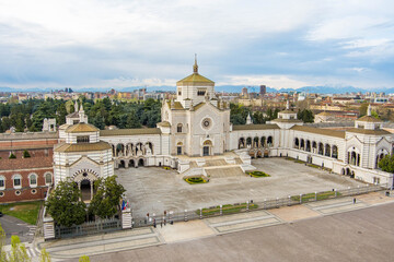 Fototapeta na wymiar Aerial view of Cimitero Monumentale di Milano or Monumental Cemetery of Milan, the burial place of the most remarkable Italians, noted for the abundance of artistic tombs and monuments.