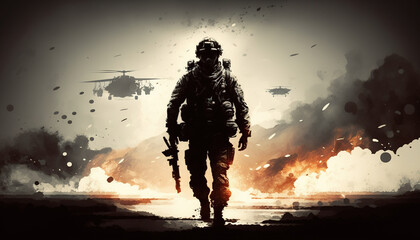 Fototapeta premium War. Armed soldier with explosions on background. AI
