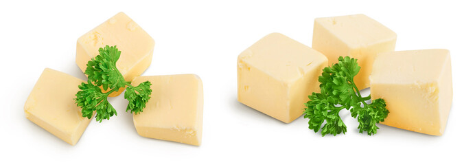 butter cubes isolated on white background with full depth of field. Top view. Flat lay